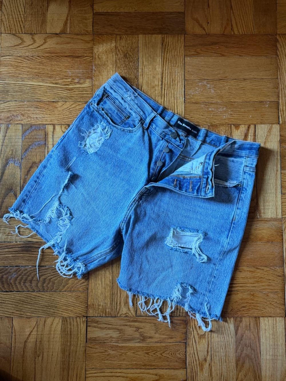 The Kooples Distressed Denim Shorts with Leather Logo Patch & Skull Grommet